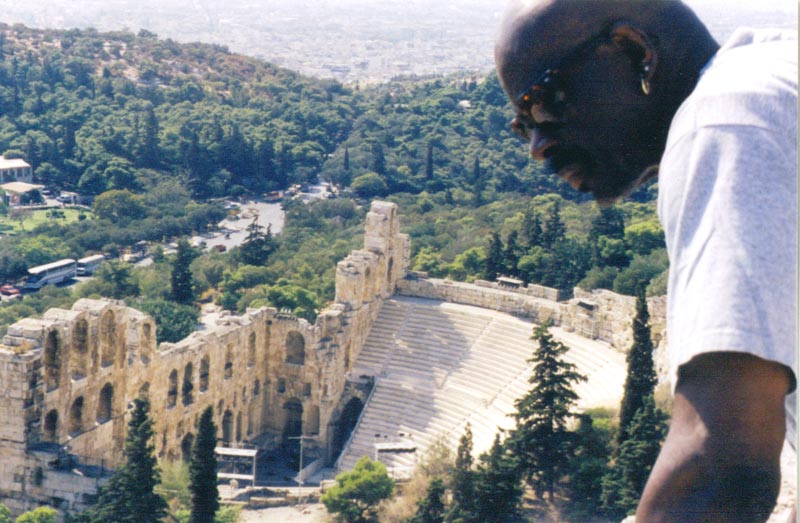 Makanda Ken McIntyre at the Parthenon, Jazz Ambassadors tour, Athens, Greece, 1998, photo by Joy Rosenthal
